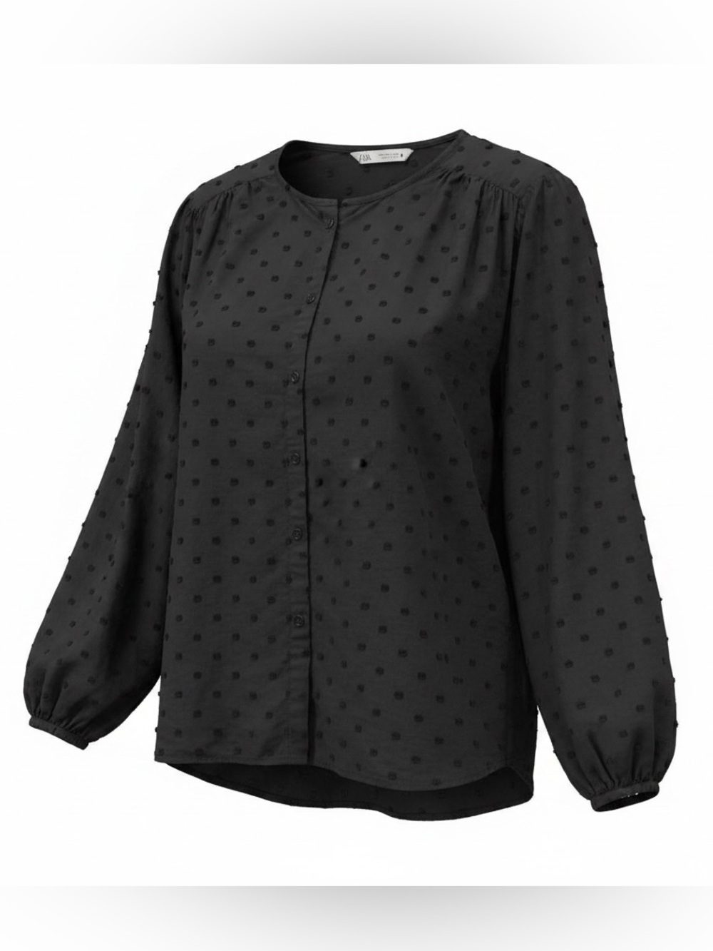 Zara Black Swiss Dot Button-Down Blouse